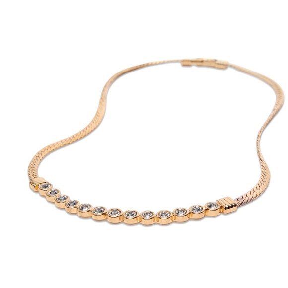 Vintage Swarovski Crystal Gold Plated Necklace Collar Choker Flat Snake Chain - Picture 9 of 15